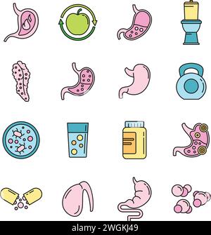 Set di icone di stato della digestione. Contorno delle icone vettoriali della salute della digestione colore sottile piatto su bianco Illustrazione Vettoriale