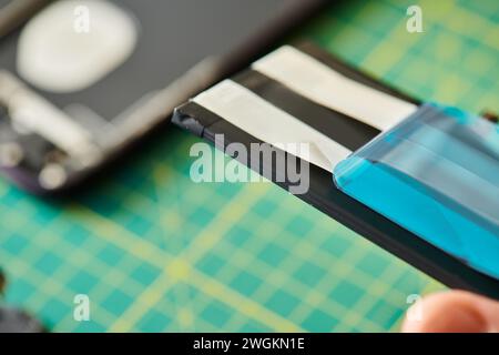 vista parziale del riparatore che lavora con la batteria dello smartphone in officina, piccole imprese di riparazione Foto Stock