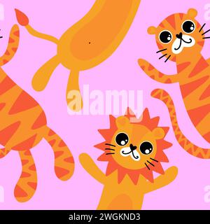 Animali da cartoni animati estivi motivo leone e tigre senza cuciture per confezionare carta e tessuti e biancheria e stampa abiti per bambini e confezioni e parti festive Foto Stock