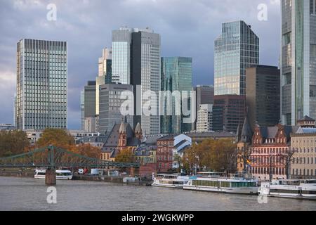 Vista sulla città con il meno sul quartiere bancario, Germania, Assia, Francoforte sul meno Foto Stock