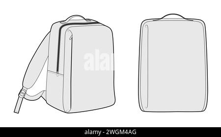 Borsa sagomata per zaino per laptop. Illustrazione tecnica degli accessori alla moda. Vista frontale 3-4 vettoriale per uomo, donna, modello unisex, borsa piatta con disegno CAD isolato Illustrazione Vettoriale