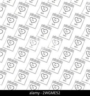 Pagina di calendario senza interruzioni con data del 14 aprile e cuore disegnato a mano. Un'idea di saluto per il Black Day. Isolare. EPS. Concetto di progettazione vettoriale per carta da parati, involucro o Web, carta, poster, striscioni, brochure Illustrazione Vettoriale