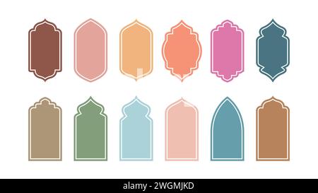 Collezione di finestre e archi islamici in stile orientale con design boho moderno, cupole e lanterne della moschea Illustrazione Vettoriale