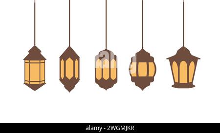 Collezione di lanterne sospese, design piatto e decorazioni con lanterne Happy ramadan Illustrazione Vettoriale