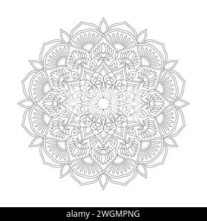 Pagina libro colorato Premium Whirlwind Mandala per interno libro KDP. Petali tranquilli, capacità di rilassarsi, esperienze cerebrali, Harmonous Haven, Peaceful P Illustrazione Vettoriale