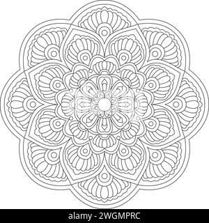 Pagina dei libri colorati Bliss Mandala Premium vorticosa per interno libro KDP. Petali tranquilli, capacità di rilassarsi, esperienze cerebrali, Harmonous Haven, Pace Illustrazione Vettoriale