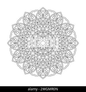 Pagina dei libri colorati Mandala floreale per interno libro KDP. Petali tranquilli, capacità di rilassarsi, esperienze cerebrali, paradiso armonioso, pace Illustrazione Vettoriale