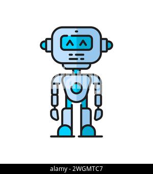 Icona della linea cromatica del cyborg robot, robot android cartoon, personaggio vettoriale. Robot retrò con bracci meccanici e display facciale nell'icona di contorno, macchina cibernetica o alieno spaziale, robot robotico ai android Illustrazione Vettoriale
