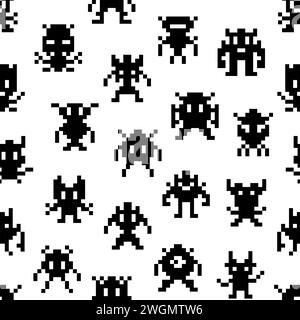 Pixel Monster di gioco Arcade sfondo senza interruzioni, personaggi vettoriali a 8 bit. Pixel art di videogiochi con mostri alieni a 8 bit o simpatiche creature robot e diavoli cosmici nella pixel art Illustrazione Vettoriale