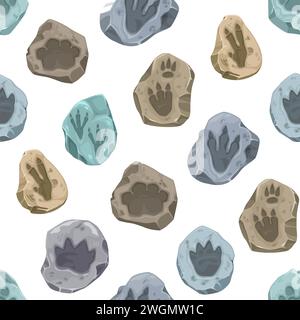 Antiche impronte di dinosauri, fossili senza cuciture. Stampa in tessuto o tessuto con graffi preistorici in pietra. Carta da imballaggio sfondo vettoriale senza cuciture con piedini rettili preistorici Illustrazione Vettoriale
