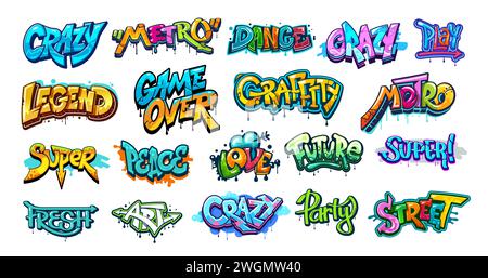 Graffiti Street art, stile urbano. Scritti vettoriali sulle pareti, testo dei caratteri grunge dei cartoni animati con blot di vernice spray a colori, gocce e schizzi di pennello, frecce, cuori e bolle. Graffiti di Street art, slogan Illustrazione Vettoriale