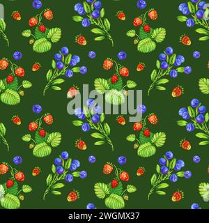 Fragole acquerello. motivo di acquerello di fragole rosse. Sfondo ad acquerello senza cuciture. Sfondo acquerello con mirtilli, foglie, frutti di bosco Foto Stock