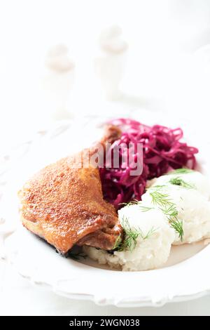 Anatra arrosto con cavolo rosso e purè di patate su sfondo luminoso. Primo piano. Foto Stock