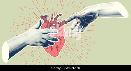 Concetto cuore vs cervello. Poster collage dal design vintage. Simboli di salute mentale e benessere emotivo. Equilibrio mente-cuore grafica disegnata a mano. Metà Illustrazione Vettoriale