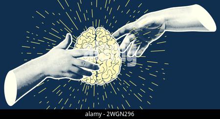 Concetto cuore vs cervello. Poster collage dal design vintage. Simboli di salute mentale e benessere emotivo. Equilibrio mente-cuore grafica disegnata a mano. Metà Illustrazione Vettoriale