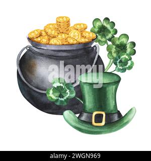 Pentola con oro leprechaun e trifoglio a quattro foglie e cappello verde isolato su sfondo bianco. Illustrazione acquerello per il giorno di san patrizio. Ele decorativo Foto Stock