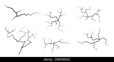 Serie di incrinature. Collezione di diversi fulmini neri. Crepa di terra. Imposta temporali e fulmini. Illustrazione vettoriale di fenomeni naturali attivata Illustrazione Vettoriale