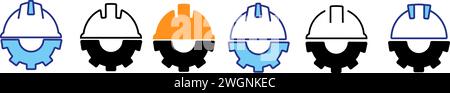 Casco da costruzione sul set di icone dell'attrezzatura. Icona casco e ingranaggio piatta o linea. Illustrazione Vettoriale