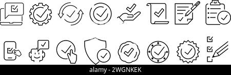 Icone delle linee relative al segno di spunta e al prodotto di qualità. Collezione di simboli del contorno. Traccia vettoriale modificabile. Illustrazione Vettoriale