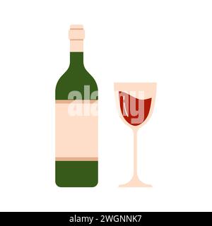 Bicchiere di vino rosso e bottiglia, bevanda alcolica per illustrazione vettoriale del menu del bar e del ristorante Illustrazione Vettoriale