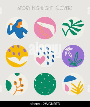 Un set di storie alla moda disegnate a mano che mette in risalto le copertine. Icone vettoriali attive per social media e blog. Arte semplice e ingenua, ispirata a Matisse Illustrazione Vettoriale