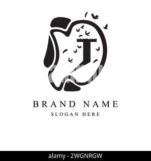 Lettera con logo DJ con Flock of Birds Flying e disintegrazione dalla lettera, FJ Logo Birds in Flight, illustrazione vettoriale con logo FJ Illustrazione Vettoriale