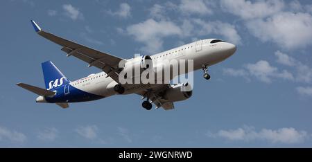 Tenerife, Spagna 28 gennaio 2024. Airbus A320-251N SAS Airlines vola nel cielo blu. Atterraggio all'aeroporto di Tenerife Foto Stock