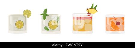 Set di famosi cocktail classici. Bevande alcoliche diverse in vari bicchieri. Aperitivo estivo con contorno al lime, fetta di arancia e ciliegia Illustrazione Vettoriale