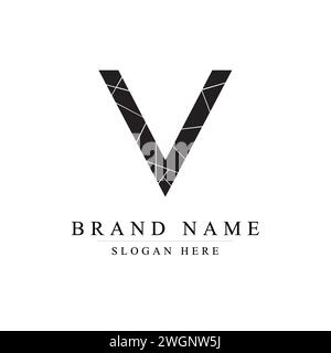 Lettera V rotta del vetro e immagine del logo vettoriale dei pezzi su sfondo bianco, pezzi rotti che formano la lettera V. Illustrazione Vettoriale