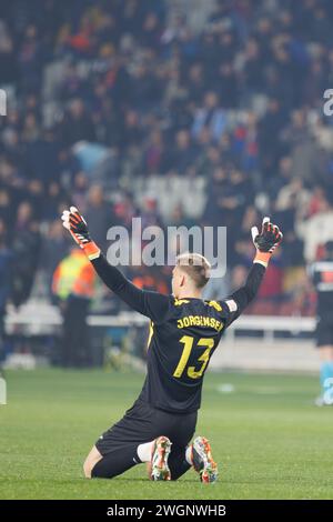 Barcellona, Spagna. 27 gennaio 2024. Jorgensen celebra la vittoria alla Liga EA Sports match tra FC Barcelona e Villarreal CF all'Estadi Foto Stock