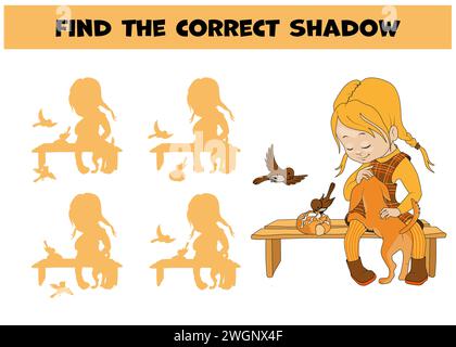 Trovare l'ombra corretta. Una simpatica studentessa accarezza un cucciolo seduto su una panchina e che dà da mangiare agli uccelli. Gioco di abbinamento educativo per bambini con personaggio dei cartoni animati. Illustrazione Vettoriale