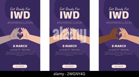 IWD INSPIRE Inclusion Campaign, giornata internazionale della donna 2024 la raccolta di modelli di storie sui social media verticali presenta una varietà di mani che mostrano il Illustrazione Vettoriale