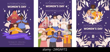 Campagna IWD INSPIRE Inclusion, la collezione di poster della giornata internazionale della donna 2024 presenta una diversità di donne che fanno il gesto del cuore con il loro han Illustrazione Vettoriale