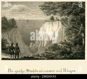 Europa, Deutschland, Meclemburgo-Vorpommern, Rügen, Stubbenkammer auf Rügen, im Vordergrund Spaziergänger, Stahlstich um 1840er Jahre, Verlag unbekannt . / Europa, Germania, Meclemburgo-Pomerania occidentale, Rügen, Stubbenkammer on Rügen, incisione in acciaio, intorno al 1840, casa editrice sconosciuta. Foto Stock