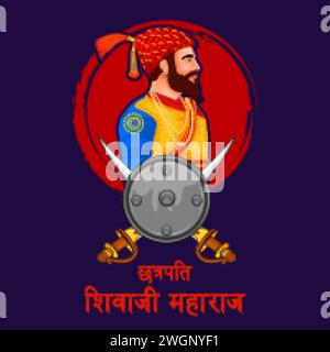 Illustrazione dell'imperatore Shivaji, il grande guerriero di Maratha da Maharashtra India con testo in Hindi che significa Chhatrapati Shivaji Maharaj Illustrazione Vettoriale