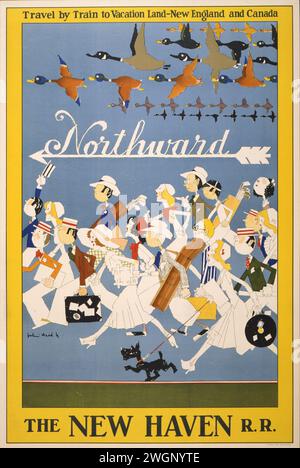 Poster di viaggio in treno d'epoca. La New Haven Railroad. "Viaggio in treno fino a Vacation Land - New England e Canada". Persone in stile anni '1920 hanno visto camminare con vari abiti e attività per indossare attrezzature per prendere il treno verso nord Foto Stock