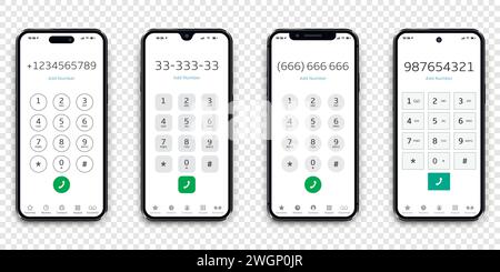 Set di tastiere per cellulari. Tastiera utente con numeri e lettere sugli schermi degli smartphone isolata su sfondo trasparente. Illustrazione Vettoriale