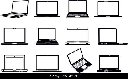 Set di icone per laptop. Computer portatili in stili diversi. Raccolta di icone piatte e di linea del notebook. Illustrazione Vettoriale
