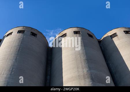 enormi silos di grano con finestre sulla parte superiore Foto Stock