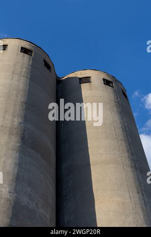 enormi silos di grano con finestre sulla parte superiore Foto Stock