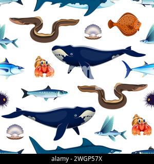 Cartoni animati animali marini senza cuciture. Tessuto o tessuto, carta da imballaggio, stampa vettoriale o carta da parati sfondo senza cuciture con anguilla, squalo, pesce volante, perl e balena, granchio, tonno e sardina Illustrazione Vettoriale