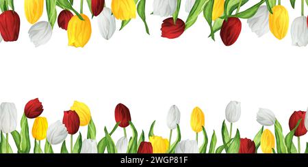 Illustrazione ad acquerello disegnata a mano. Bordi floreali senza cuciture con tulipani colorati rossi, bianchi e gialli. Superiore e inferiore Foto Stock