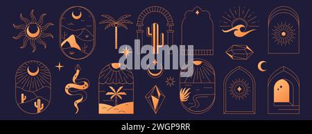 Set di logo boho. Icone di linea mistica boema. Semplici simboli esoterici magici ad arco disegnati a mano, loghi astrologici, modelli di struttura con paesaggio desertico, cactus, sole, luna, cristallo, palme e montagne. Illustrazione Vettoriale