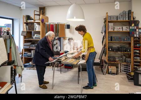 Tappezzeria femminile che aiuta il cliente a scegliere il tessuto Foto Stock