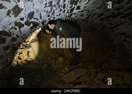 Podyji, Repubblica Ceca. 6 febbraio 2024. Zoologo dell'Amministrazione del Parco Nazionale di Podyji Zdenek Macat durante il censimento invernale dei pipistrelli nei terreni svernanti del Parco Nazionale di Podyji nel distretto di Znojmo, regione della Moravia meridionale, 6 febbraio 2024. Crediti: Patrik Uhlir/CTK Photo/Alamy Live News Foto Stock