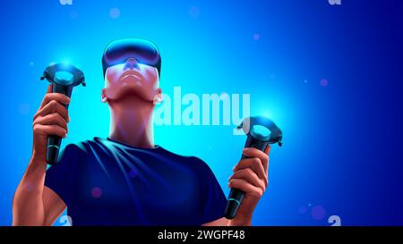 Uomo con visore per realtà virtuale e controller VR in mano. VR metaverse. Videogamer in realtà virtuale. Giovane ragazzo che indossa occhiali VR 3d che gioca a Illustrazione Vettoriale