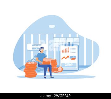 L'uomo d'affari Happy riceve uno stipendio mensile, persone che calcolano soldi, reddito attivo. illustrazione moderna vettoriale piatta. illustrazione moderna vettoriale piatta Illustrazione Vettoriale