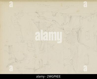 Paesaggio urbano con una torre, Adrianus Everssen, c. 1828 - 1897 Vista degli edifici. In lontananza una torre, forse di una chiesa. Pagina 40 verso da un bozzetto con 41 fogli. Carta olandese. vista sulla città a matita e paesaggio con costruzioni artificiali. architettura civica; edifici; abitazioni. torre (di casa o edificio) Foto Stock