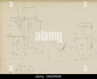 Foglio di studio con edifici, Adrianus Everssen, c. 1828 - 1897 Foglio di studio con edifici. In alto a sinistra una faccia su una parte di una chiesa. Sulla destra una faccia in una fila di edifici, compresa una torre. In basso a sinistra c'è un edificio, forse una chiesa, con un cancello. Foglia 13 verso da un bozzetto con 41 fogli. Carta olandese. vista sulla città a matita e paesaggio con costruzioni artificiali. torri  città fortificata. chiesa (esterno) Foto Stock