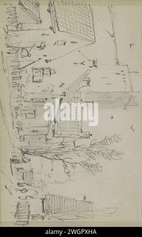 Paesaggio urbano con una chiesa, Adrianus Everssen, c. 1828 - 1897 paesaggio urbano con una chiesa. Case a sinistra e a destra. Figure sulla strada, un cavallo e un'auto. Foglia 10 verso da un bozzetto con 58 fogli. Carta olandese. vista della città a matita e del paesaggio con costruzioni artificiali (+ città(-paesaggio) con figure, personale). chiesa (esterna). alloggi urbani Foto Stock